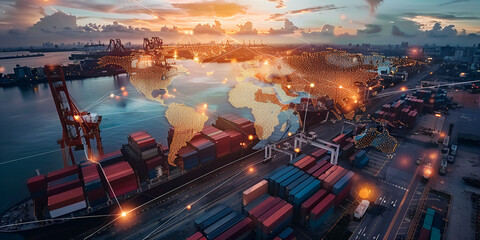 stylized representation of a world map, with elements of technology and transportation.