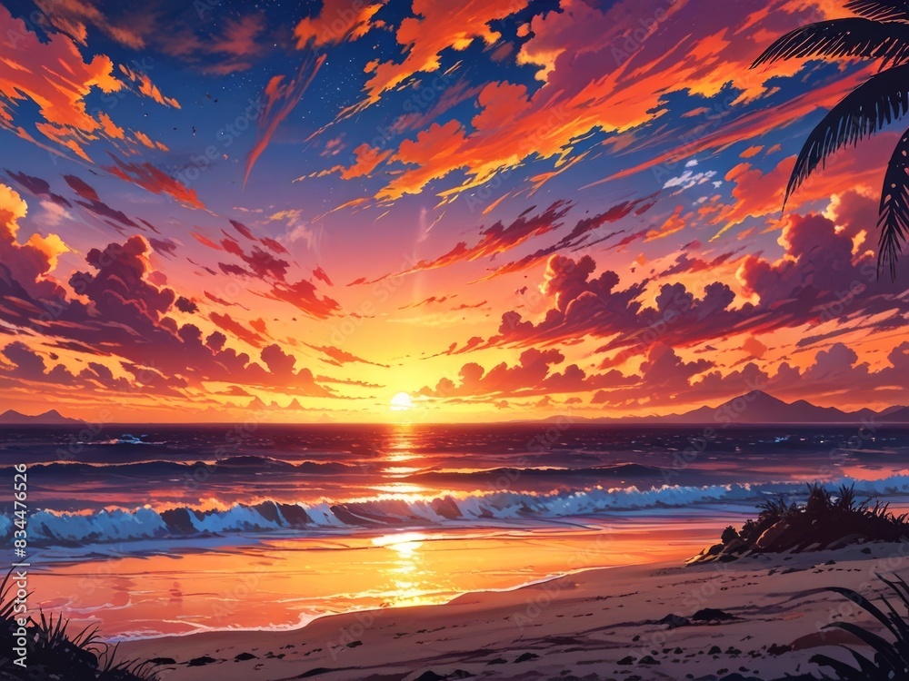 Wall mural sunset in beach in anime style