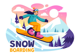 Snowboarding Vector Illustration Featuring People Sliding and Jumping on a Snowy Mountain Slope During Winter, Flat Style Cartoon Background