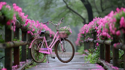 Fototapeta premium Pink flower bike on a bridges