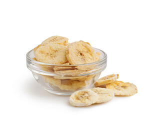 Bowl of dried banana slices on white background