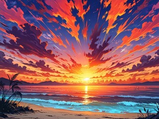 sunset in beach in anime style