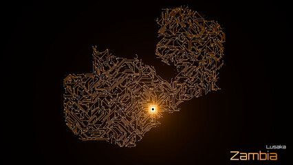 Zambia, with its capital city of Lusaka, is represented as a microchip with a central processing unit. A technological representation of the country's outline. Dark background.