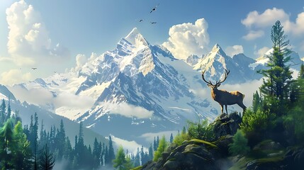 Realistic of mountain landscape with forest deer and eagle