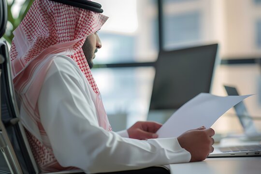 Arab saudi businessmen is holding cooperation contract papers.