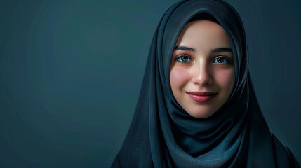 Naklejka premium girl cute pretty young smile posting exited Muslim woman covered in beautiful hijab realistic photo in studio shooting full body photograph for advertising.