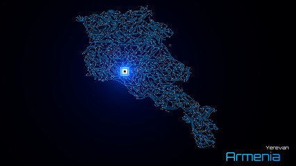 Armenia, with its capital city of Yerevan, is represented as a microchip with a central processing unit. A technological representation of the country's outline. Black background.