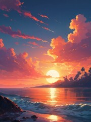 sunset in beach in anime style