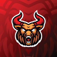 Fototapeta premium an angry bull head showing its fangs with red horns