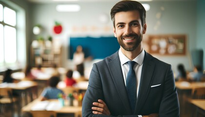 Fototapeta premium image of a teacher standing and smiling with a classroom in the background.