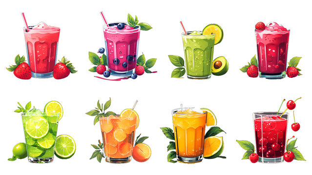 Various fruit juice, sparkling drinks and shakes; colorful sweet fruity beverages collection