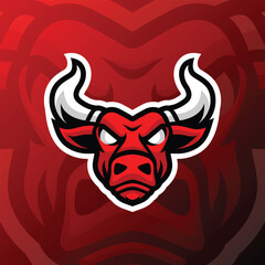 a red bull head with scary white horns