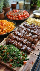 Obraz premium Eid Al-Adha food spread offers diverse dishes, vibrant presentation, traditional recipes, festive table, colorful ingredients, joyous atmosphere