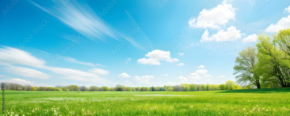 Wall mural beautiful blurred background image of spring nature with a neatly trimmed lawn surrounded by trees a