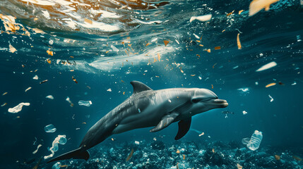 Fototapeta premium beautiful dolphin swimming in a polluted water, surrounded by plastic waste, oceanic trash, Marine Wildlife, Plastic Waste,
