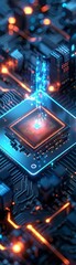 Obraz premium A pulsating semiconductor chip bathed in a vibrant blue light, data streams flowing across its surface, signifying technological advancement