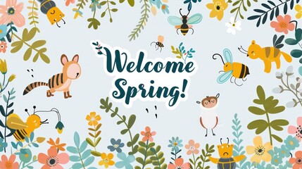 Naklejka premium Springtime themed illustration design pattern with elements of leaves, flowers and cute animals and bee.