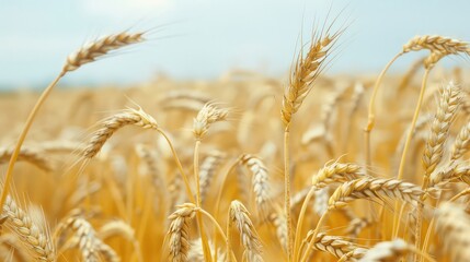  golden wheat in wheat meadow with shiny light and blue sky background 