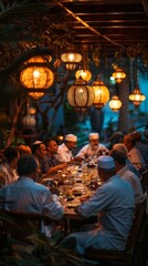 Elders sharing stories, Eid Al-Adha gathering, family bonding, traditional setting, warm lighting, intergenerational connection