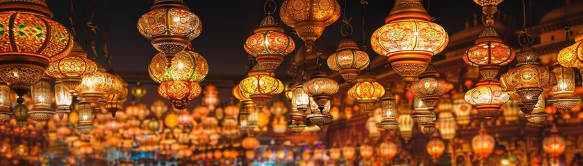 Fototapeta premium Eid Al-Adha lanterns illuminate with ornate designs, hanging decorations, creating a warm ambiance in the cultural celebration
