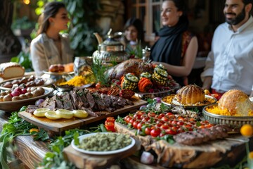 Obraz premium Family dinner during Eid Al-Adha offers diverse dishes on a festive table in a joyful atmosphere celebrating cultural heritage indoors