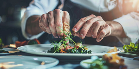 a chef in the kitchen, reaching for his plate of food with both hands, generative AI