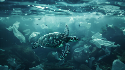 Fototapeta premium a sad turtle as to swim through very polluted water, surrounded by plastic waste, oceanic trash, Marine Wildlife, Plastic Waste,