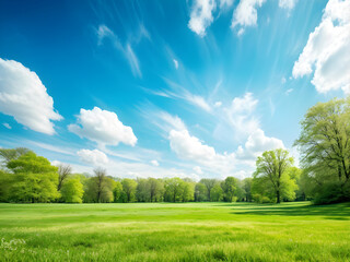 Obraz premium Beautiful blurred background image of spring nature with a neatly trimmed lawn surrounded by trees against a blue sky with clouds on a bright sunny day.