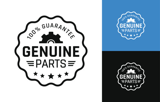 100 Percent guarantee Genuine parts vector label circle with gear. Suitable for icon, logo, label, insigna, seal, tag, sign, seal, symbol, badge, stamp, sticker, emblem, banner, etc.