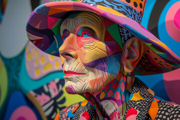 Sculpture of an elderly woman in colorful fashion with geometric patterns in 3D close up, vibrant, Multilayer, modern art gallery