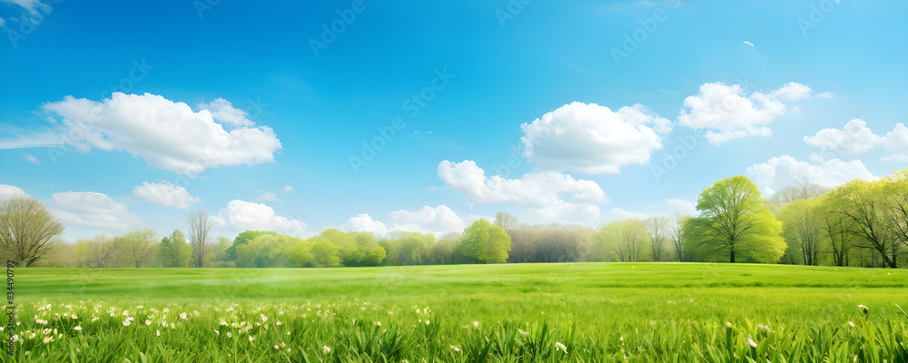 Wall mural beautiful blurred background image of spring nature with a neatly trimmed lawn surrounded by trees a