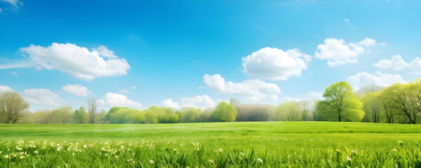 Fototapeta premium Beautiful blurred background image of spring nature with a neatly trimmed lawn surrounded by trees against a blue sky with clouds on a bright sunny day.