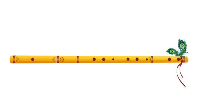 Vector festive flute with peacock feather. Great for any designs, prints, for Krishna Janmashtami celebration. Indian festival decor, traditional decoration