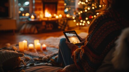 Obraz premium Cozy Reading: Person Enjoying an Innovative Read on a Bookphone in a Warm Ambiance