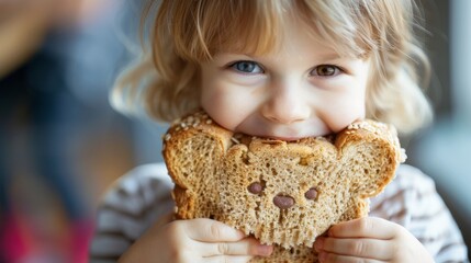 Naklejka premium Joyful Child Enjoying a Teddybear Sandwich - Heartwarming Stock Photo of a Kid-Friendly Snack Moment