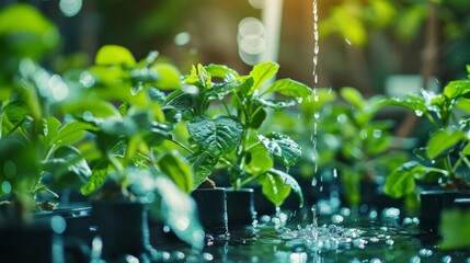 A closeup of a sensoractivated drip irrigation system supplying water to the plants in an automated aquaponics setup.