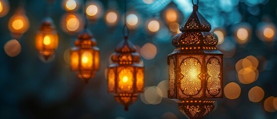 Fototapeta premium Night sky lit by lanterns, Eid Al-Adha brings a serene ambiance with glowing lights and cultural significance