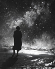 Fototapeta premium Elderly Woman Contemplating the Cosmos from the Shoreline Under a Starry Sky