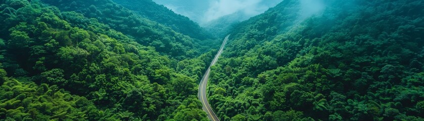 Serene Aerial View of Winding Mountain Road Amid Lush Green Forest Canopy - Nature's Beauty from Above