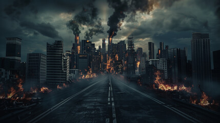 **A road leading to the horizon, with city buildings on fire in the background. The scene is set at...