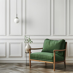 Modern wooden living , Living room interior has an green armchair on empty dark green wall background, room, Light room with sofa and armchair on empty dark green wall background,