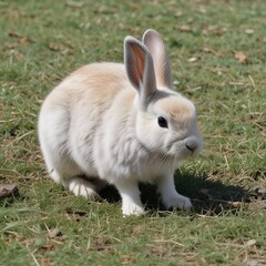 Fototapeta premium Conejo pequeño color blanco en el prado verde