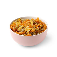 Bowl with different tasty raw fusilli pasta on white background