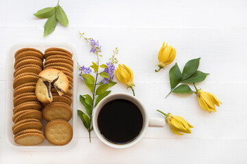 biscuits dessert snack with hot coffee espresso arrangement flat lay style on background whit