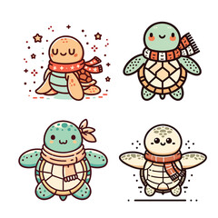 The image features four cartoon turtles, each with its own unique style and accessories. The playful designs include a red scarf, green striped scarf, a flower, and a white scarf.