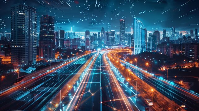Smart city with hyperloop transit and maglev trains, digital communication lines, advanced urban design, seamless transportation network, night skyline