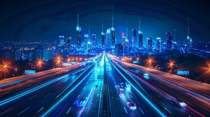 Fototapeta premium Futuristic smart city with flying cars and maglev trains, digital connectivity, advanced urban infrastructure, seamless technology integration, night skyline