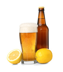 Bottle and glass of fresh light beer with lemon on white background
