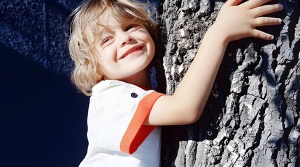 Cheerful Child Embracing Tree with Radiant Smile in Serene Natural Setting