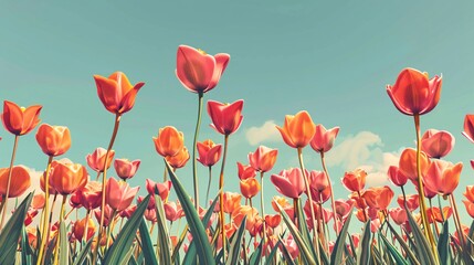Fototapeta premium Geometric Introspection: Copper and Vibrant Tulip Field Against a Bright Sunny Sky Background for Invitation with Ample Space for Writing, Cheerful and Vibrant Feel with Bold Floral Color Scheme,